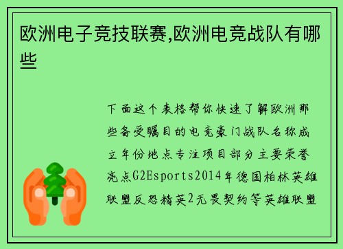 欧洲电子竞技联赛,欧洲电竞战队有哪些